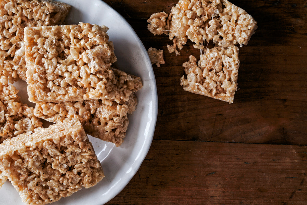 Rice Krispie treat bars made with rice puffs and chicharrones