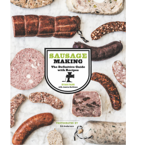Cover of 4505 Meats Sausage Making book with different sausages and cured meats pictured on white marble background 