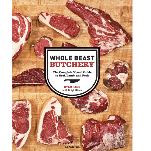 Cover of Whole Beast Butchery book with different cuts of meat photographed on a butcher block